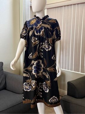 Black Floral Midi BATIK Dress with Blue & Gold Accents